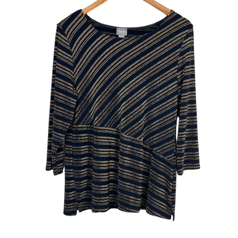 Chicos 1 Travelers Blouse Top Womens Medium Navy Gold Metallic Stripe 3/4 Sleeve